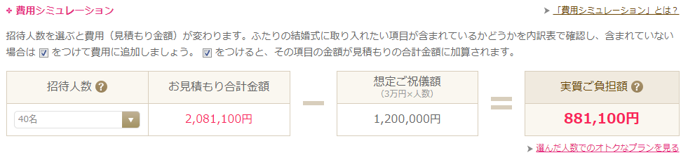 マイナビウエディングの40名の費用シミュレーション