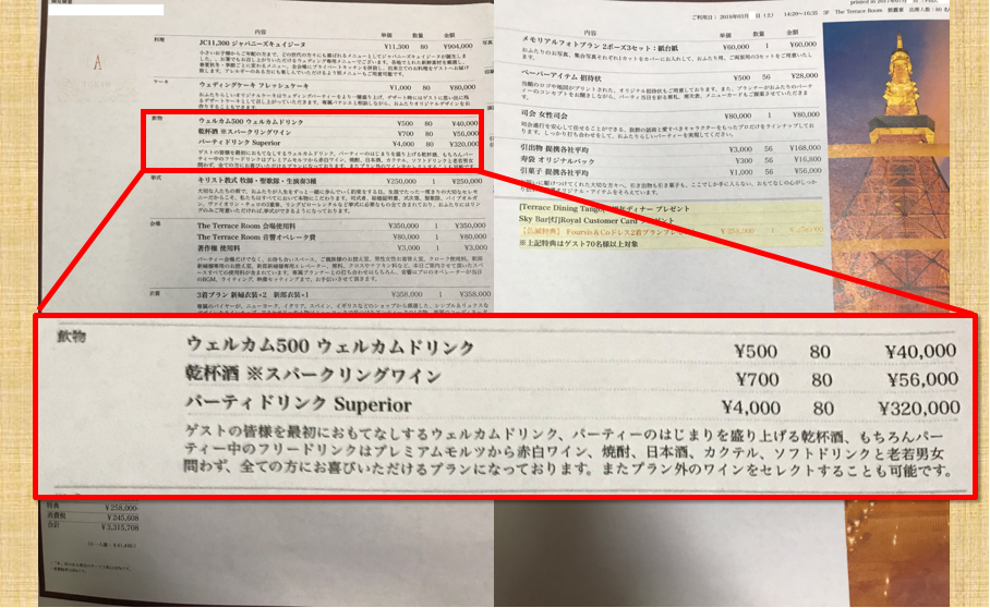 ゲストハウスの結婚式の見積りの飲料項目